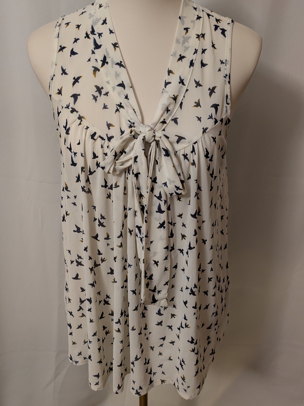 Ember Sleeveless Tie-Front Bird Print Top - Cream/Navy